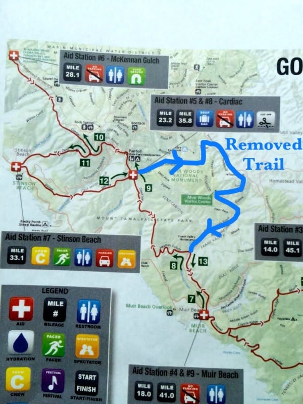 Map showing inclement-weather course change to the 2014 The North Face Endurance Challenge 50 Mile Championships