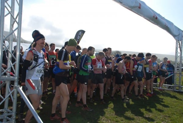A pensive Rickey Gates (far left) at the start of the 2012 3 Peaks. 2012 Three Peaks Race start Rickey Gates