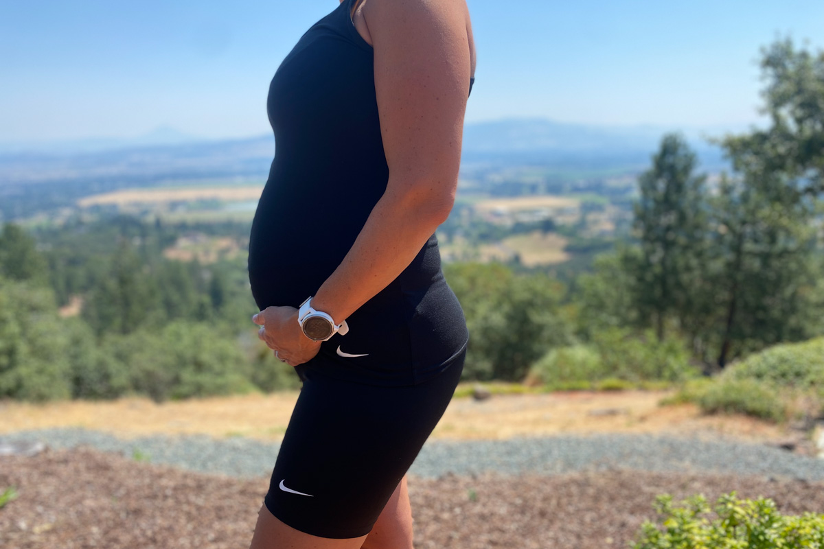 Best Maternity Workout Clothes - Nike One (M) Women's 7 Biker Shorts (Maternity)  and Nike Dri-Fit (M) Women’s Tank (Maternity) week 24