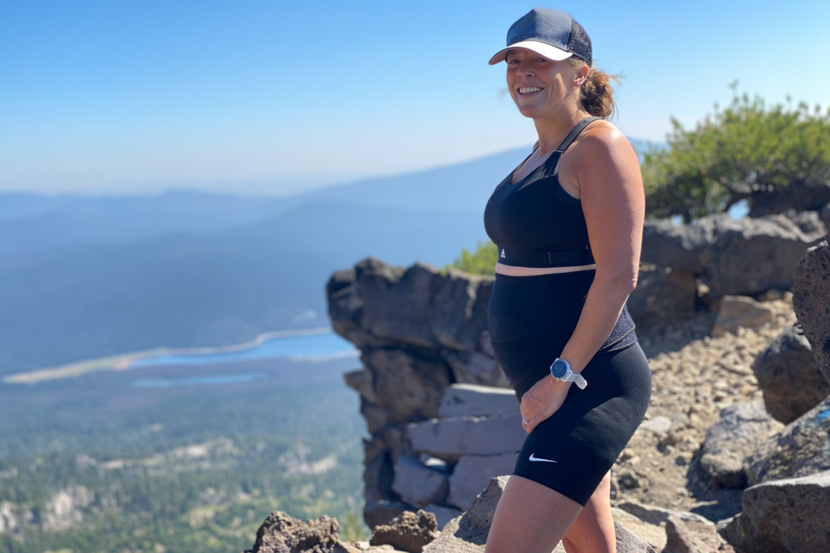 Best Maternity Workout Clothes - adidas FastImpact Luxe Run High-Support Bra and ReCore Fitness Maternity FITsplint on week 26 of pregnancy