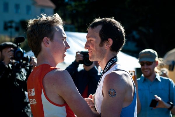 Dakota Jones and Mike Wolfe at the finish of the 2011 TNF 50. Photo: Brett Rivers. Dakota Jones Mike Wolfe 2011 TNF 50 Rivers