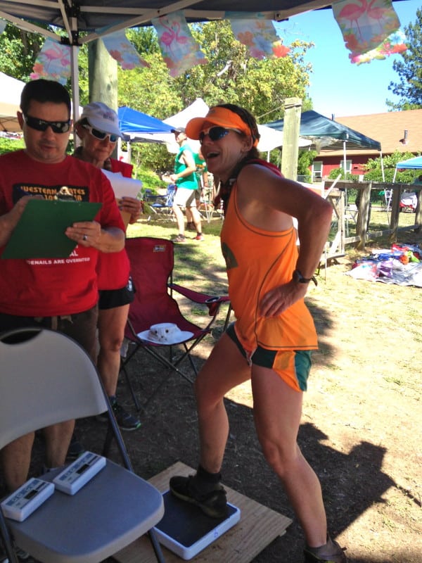 Nikki Kimball weighs in during her ninth WS100. Photo: Meghan Hicks/iRunFar.com