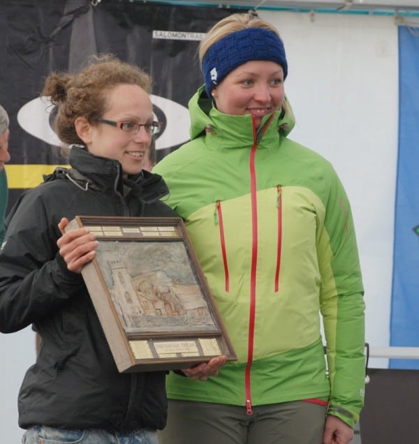 Sarah O'Neil (left) gets her hands on the women's trophy. Sarah O'Neil 2012 Three Peaks Race