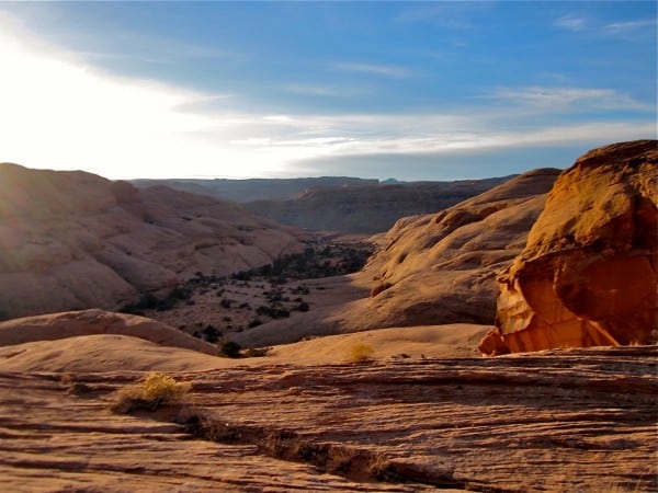 Sunrise on the slickrock of the Poison Spider Mesa Trail. Sunrise slickrockPoison Spider Mesa Trail